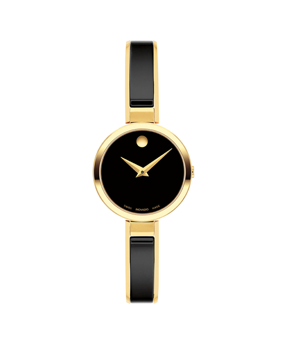 Gold watch with black strap and face on a white background