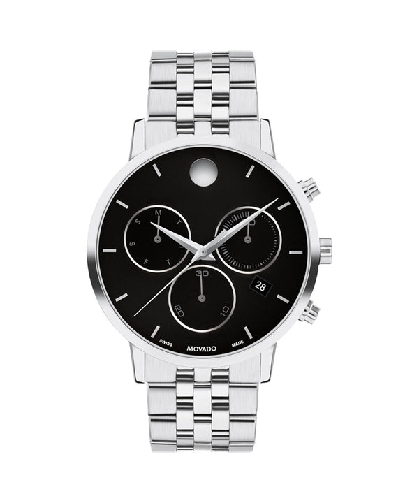 Silver watch with black face on a white background