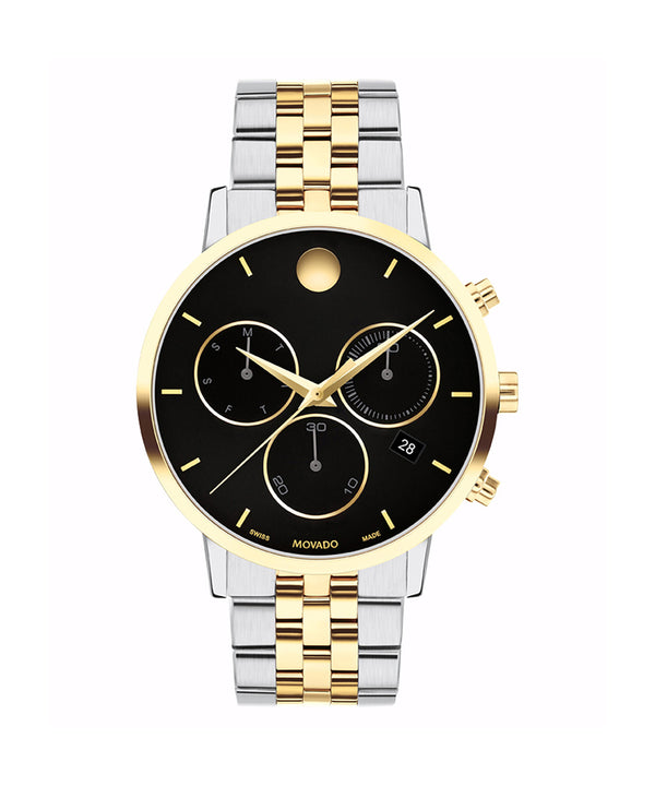 Two-tone watch with gold and silver band on a white background