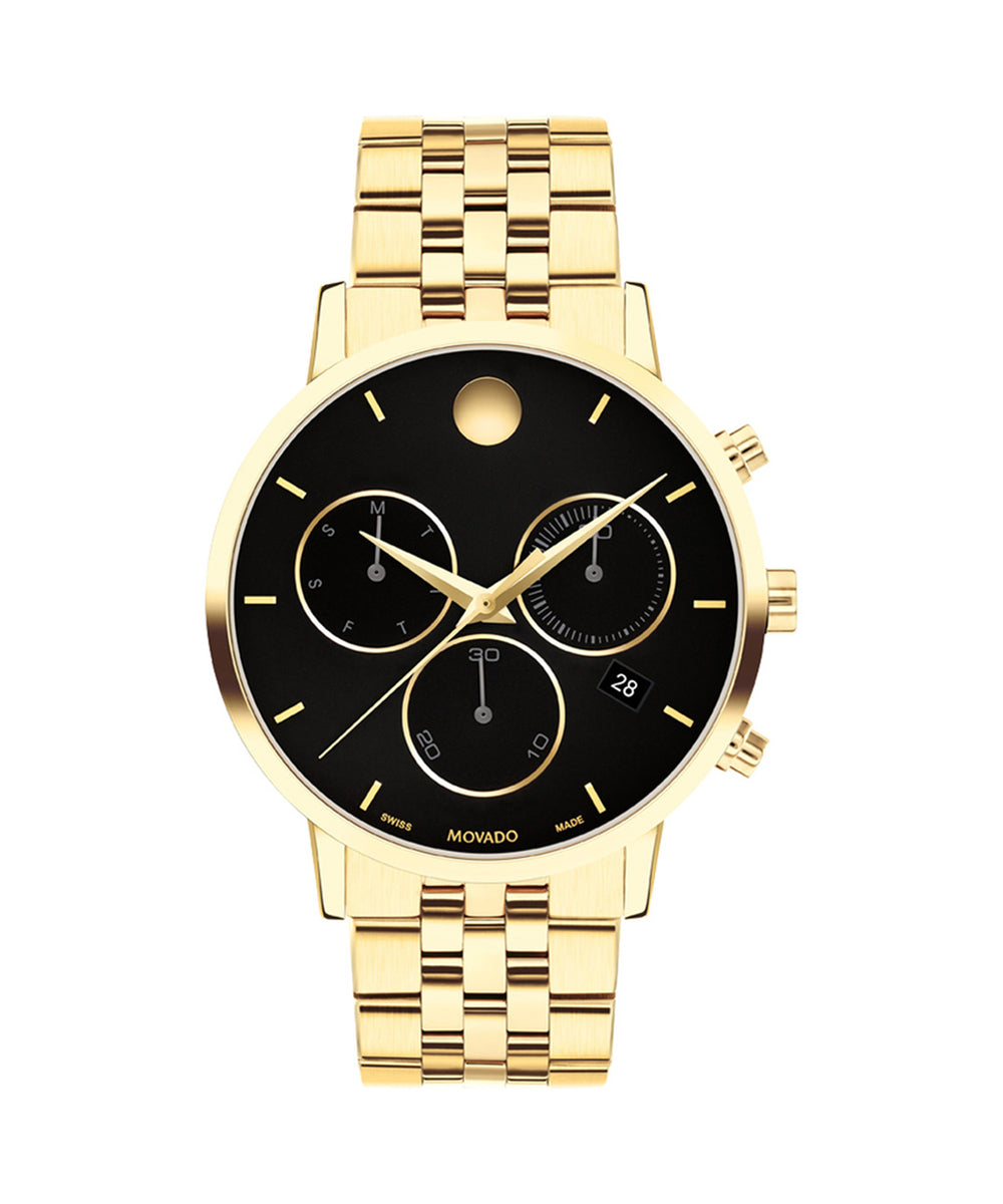 Gold watch with black dial on a white background