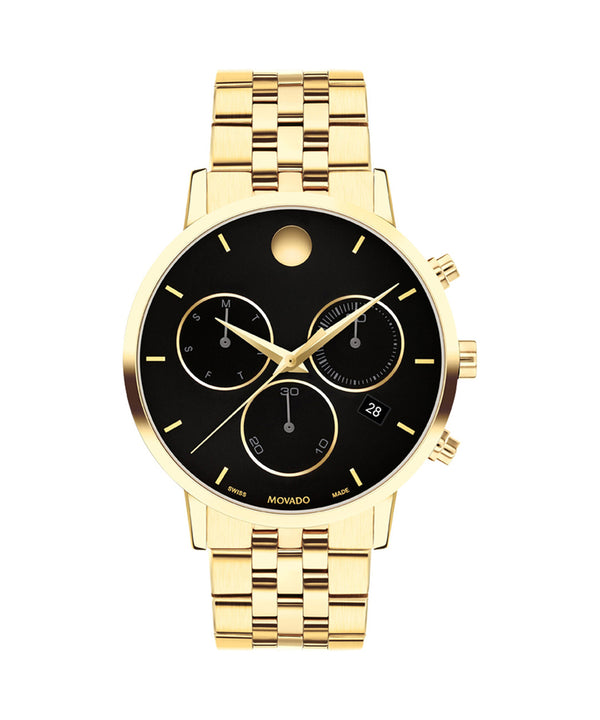 Gold watch with black dial on a white background