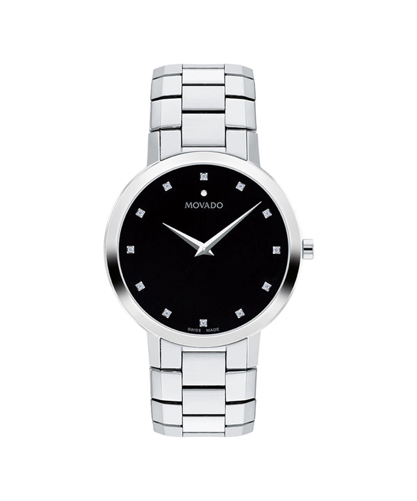 Silver watch with black dial on a white background