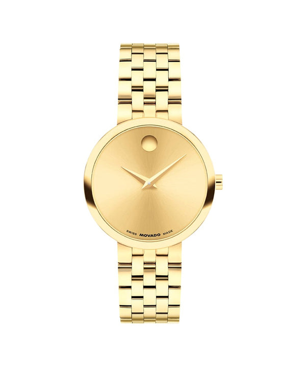 Gold wristwatch with a visible brand logo on a white background