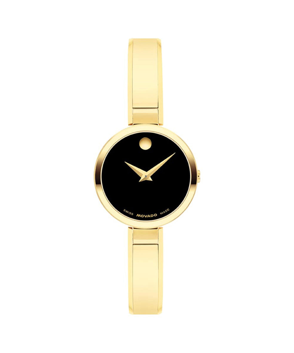 Gold watch with black face on a white background