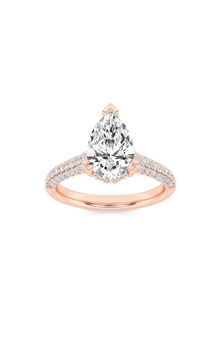 3Cttw Pear Shaped Lab Grown Diamond (F/VS) TripleRow Accented Engagement Ring in 14K Gold