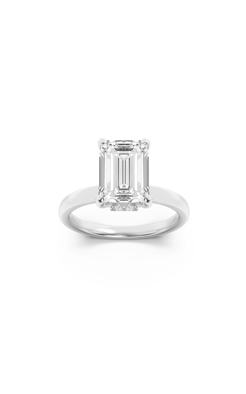 2Cttw Emerald Shaped Lab Grown Diamond (F/VS) Hidden Halo Plain Shank Engagement Ring in 14K Gold