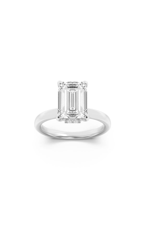 2Cttw Emerald Shaped Lab Grown Diamond (F/VS) Hidden Halo Plain Shank Engagement Ring in 14K Gold