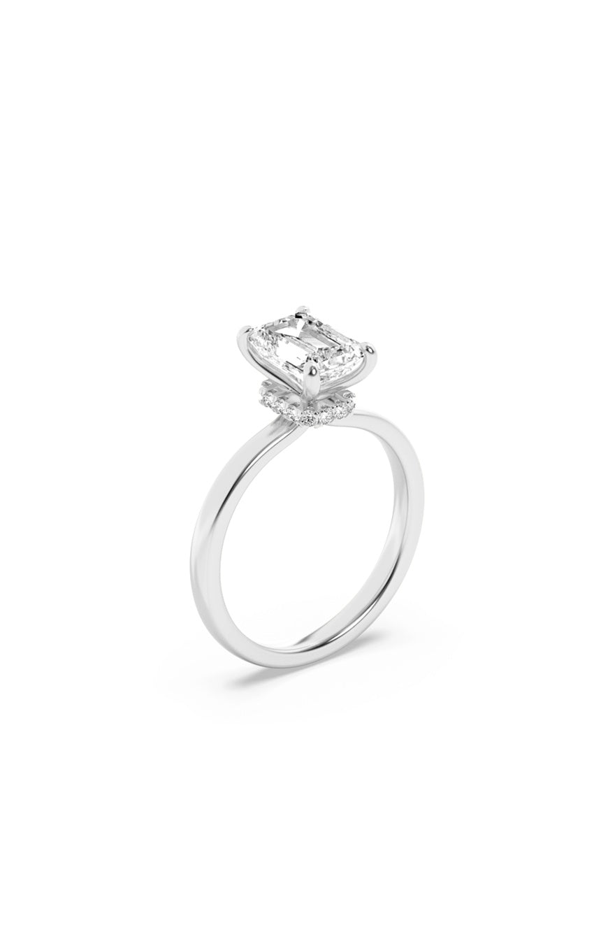2Cttw Emerald Shaped Lab Grown Diamond (F/VS) Hidden Halo Plain Shank Engagement Ring in 14K Gold