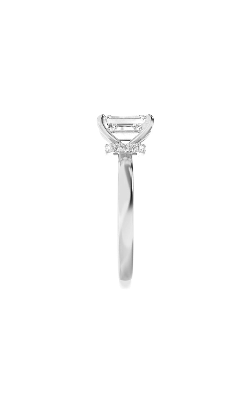 2Cttw Emerald Shaped Lab Grown Diamond (F/VS) Hidden Halo Plain Shank Engagement Ring in 14K Gold
