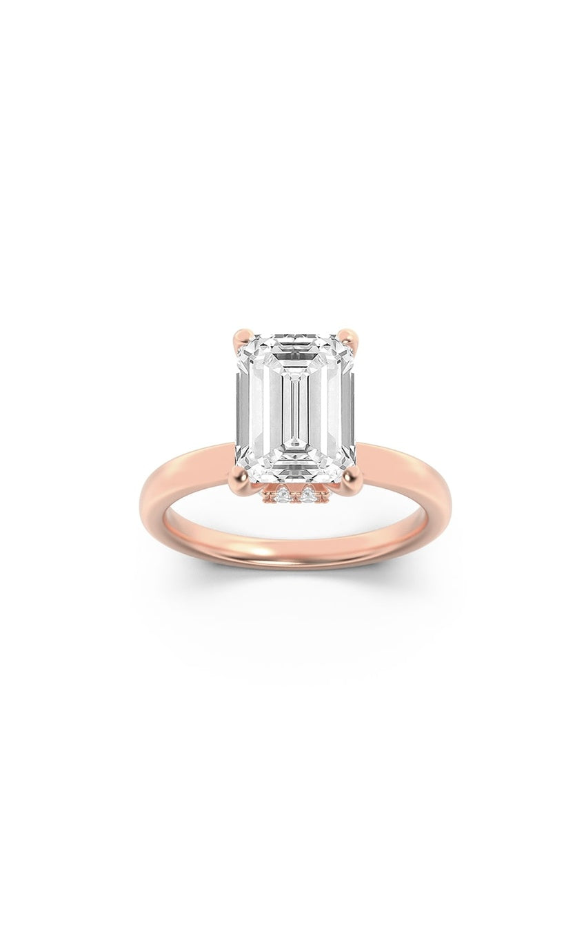 2Cttw Emerald Shaped Lab Grown Diamond (F/VS) Hidden Halo Plain Shank Engagement Ring in 14K Gold
