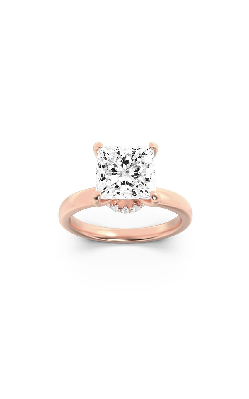 1Cttw Princess Shaped Lab Grown Diamond (F/VS) Hidden Halo Plain Shank Engagement Ring in 14K Gold