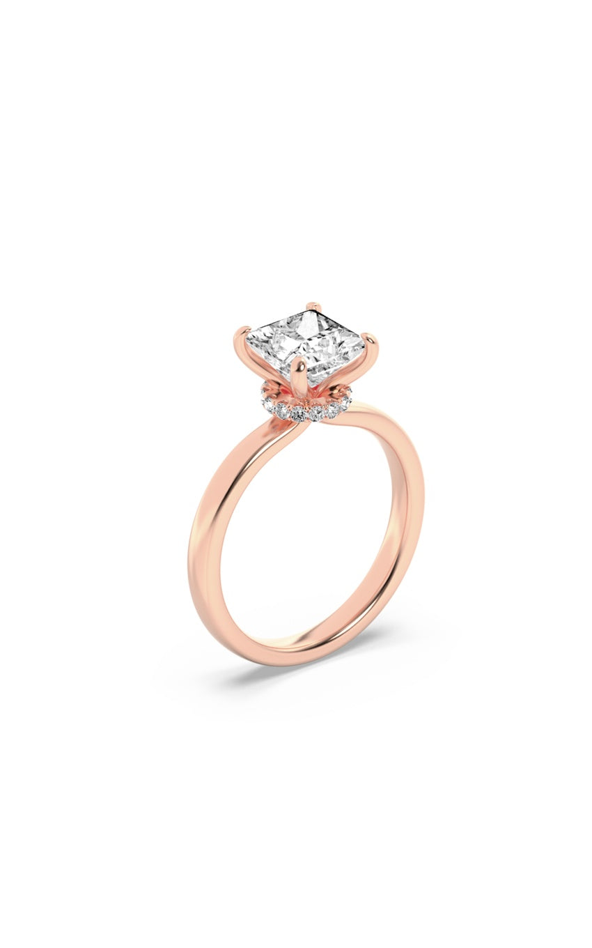 1Cttw Princess Shaped Lab Grown Diamond (F/VS) Hidden Halo Plain Shank Engagement Ring in 14K Gold