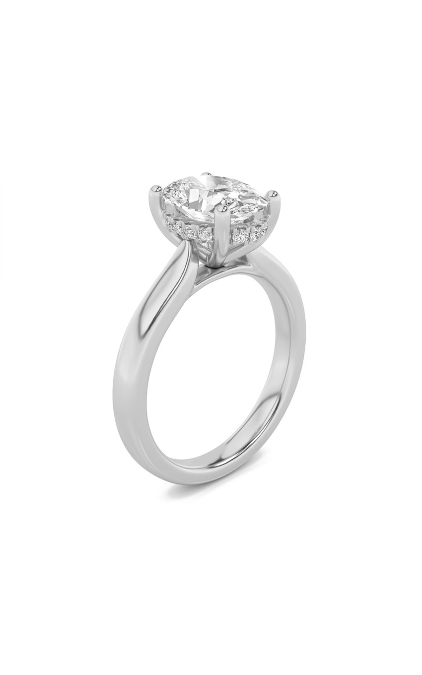 1Cttw Oval Shaped Lab Grown Diamond (F/VS) HiddenHalo Cathedral Shank Engagement Ring in 14K Gold
