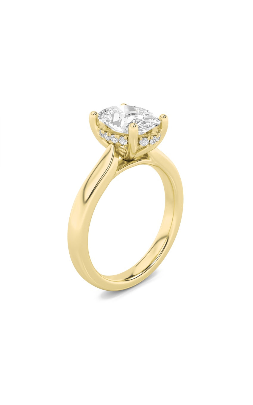 2Cttw Oval Shaped Lab Grown Diamond (F/VS) Hidden Halo Cathedral Shank Engagement Ring in 14K Gold