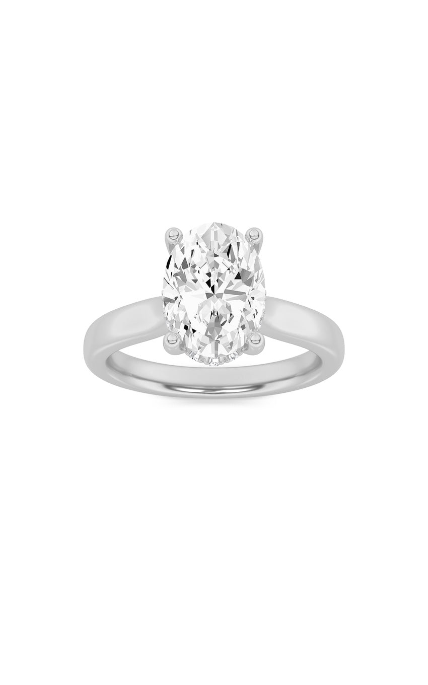 3Cttw Oval Shaped Lab Grown Diamond (F/VS) HiddenHalo Cathedral Shank Engagement Ring in 14K Gold