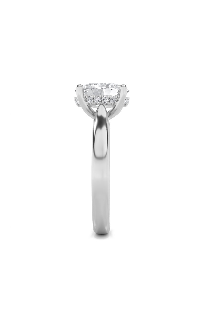 3Cttw Oval Shaped Lab Grown Diamond (F/VS) HiddenHalo Cathedral Shank Engagement Ring in 14K Gold