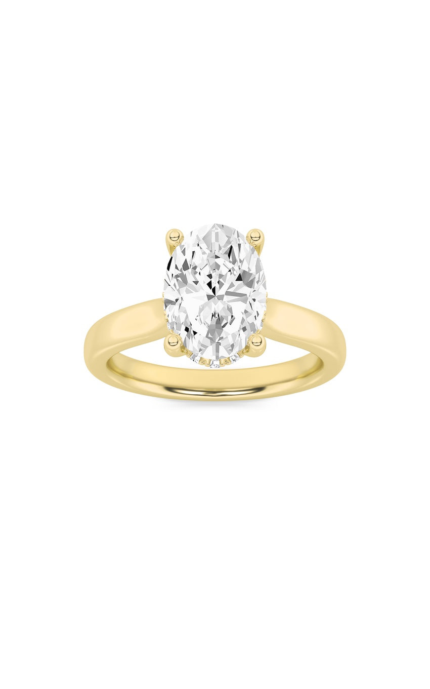 3Cttw Oval Shaped Lab Grown Diamond (F/VS) HiddenHalo Cathedral Shank Engagement Ring in 14K Gold