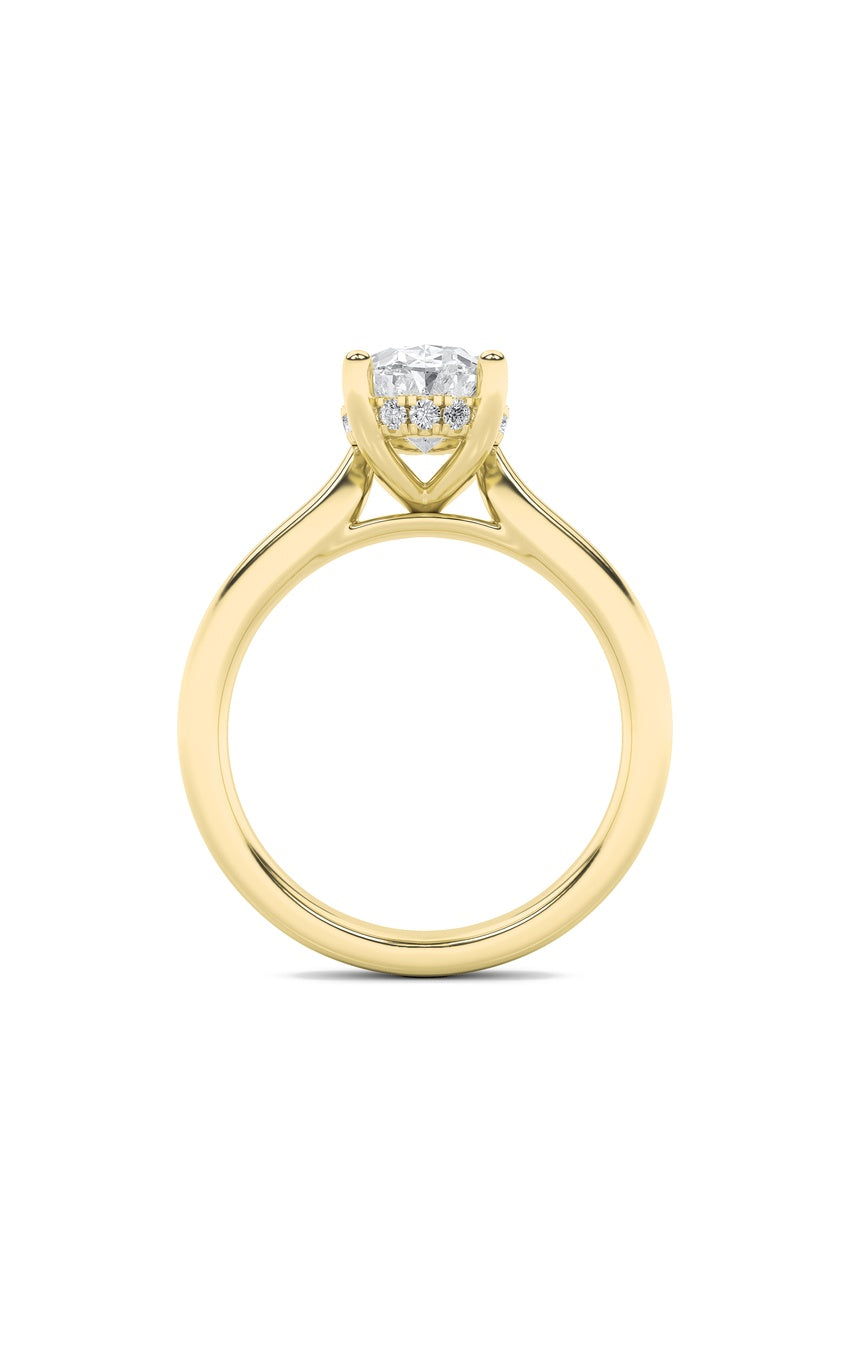 3Cttw Oval Shaped Lab Grown Diamond (F/VS) HiddenHalo Cathedral Shank Engagement Ring in 14K Gold