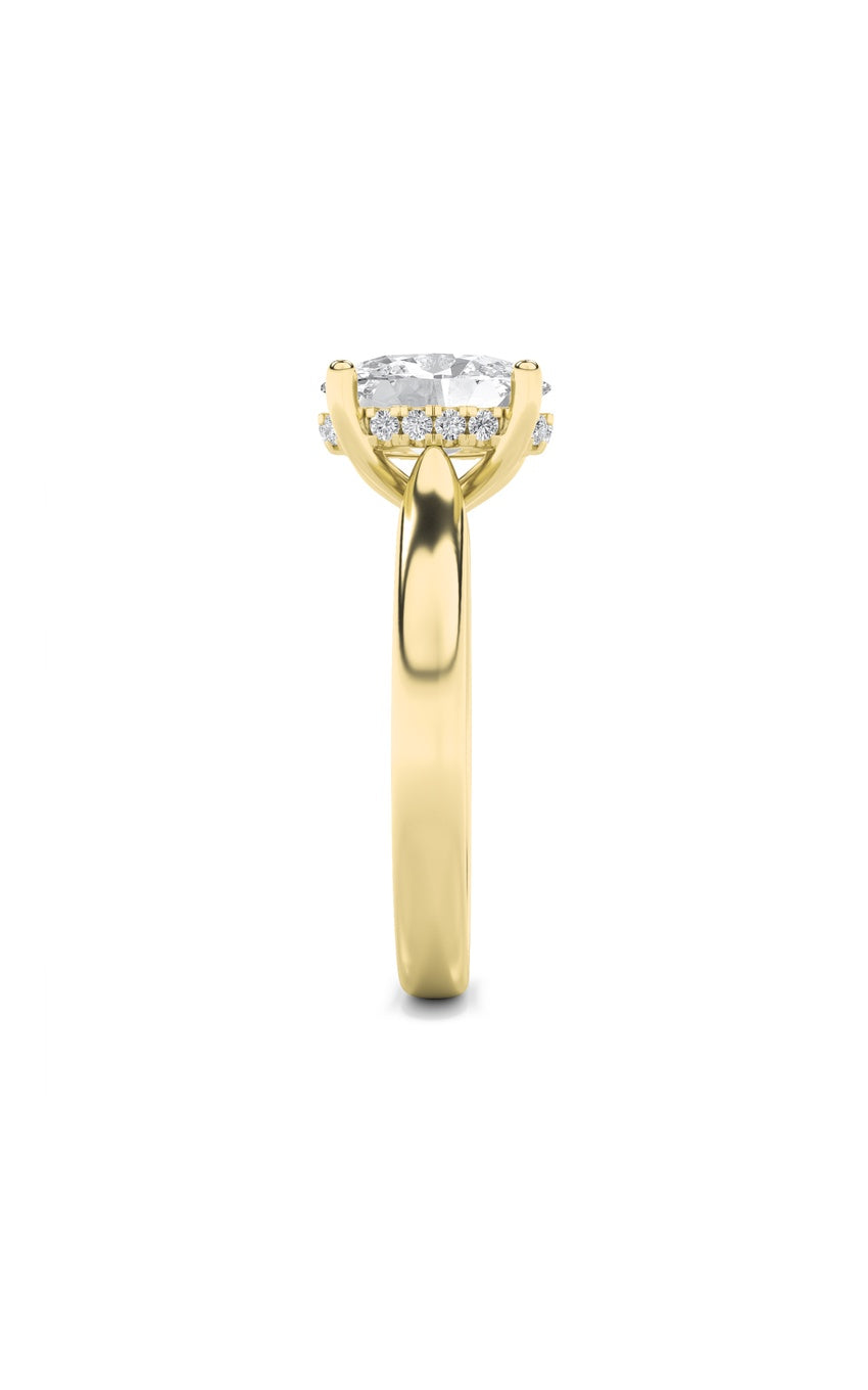 3Cttw Oval Shaped Lab Grown Diamond (F/VS) HiddenHalo Cathedral Shank Engagement Ring in 14K Gold