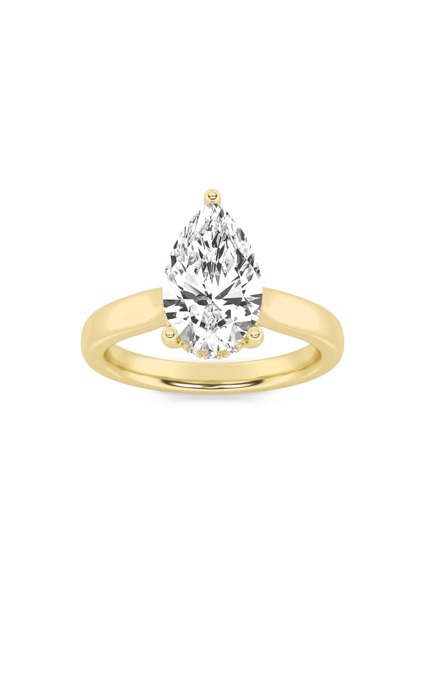 1Cttw Pear Shaped Lab Grown Diamond (F/VS) HiddenHalo Cathedral Shank Engagement Ring in 14K Gold