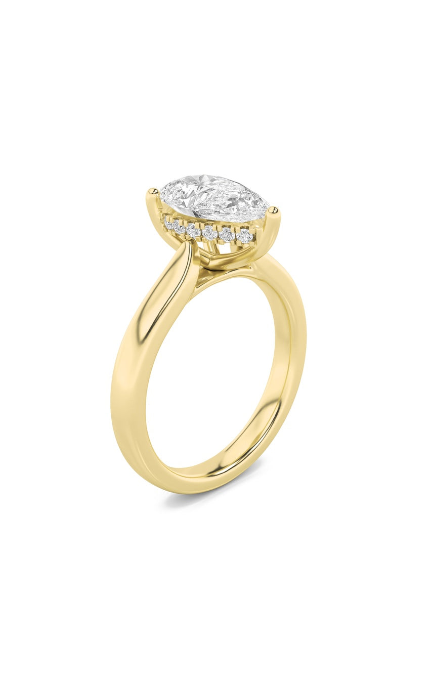 1Cttw Pear Shaped Lab Grown Diamond (F/VS) HiddenHalo Cathedral Shank Engagement Ring in 14K Gold