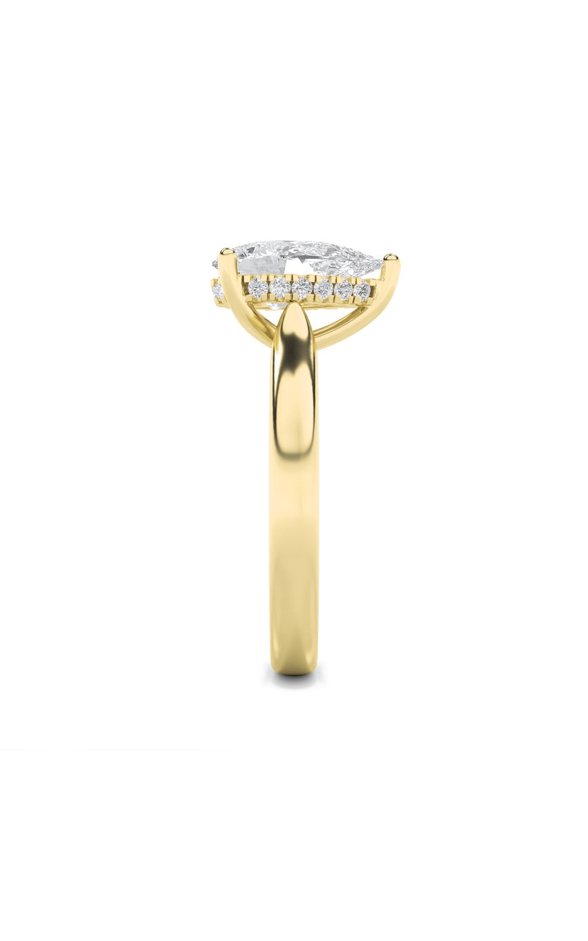 1Cttw Pear Shaped Lab Grown Diamond (F/VS) HiddenHalo Cathedral Shank Engagement Ring in 14K Gold