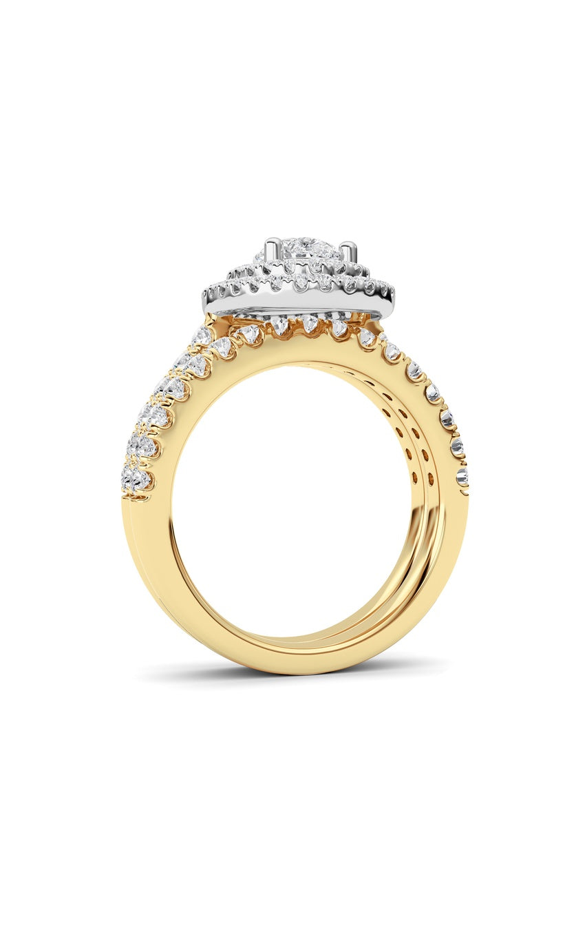 2Cttw Pear Shaped Lab Grown Diamond (F/VS) DoubleHalo Bridal Set Engagement Ring Set in 14K Gold