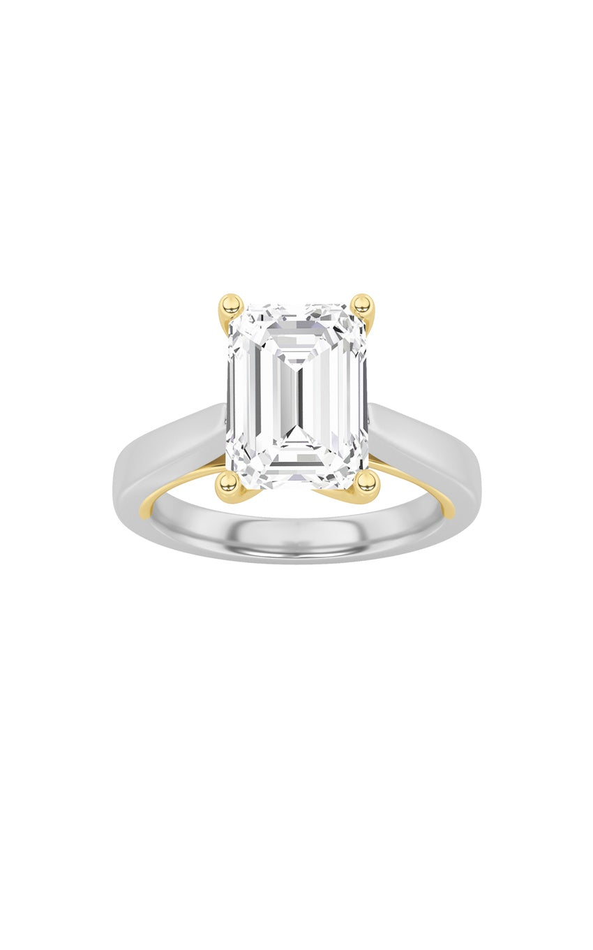 2Cttw Emerald Shaped Lab Grown Diamond (F/VS) TwoTone Twisted Basket Cathedral Shank Solitaire Ring in 14K Gold