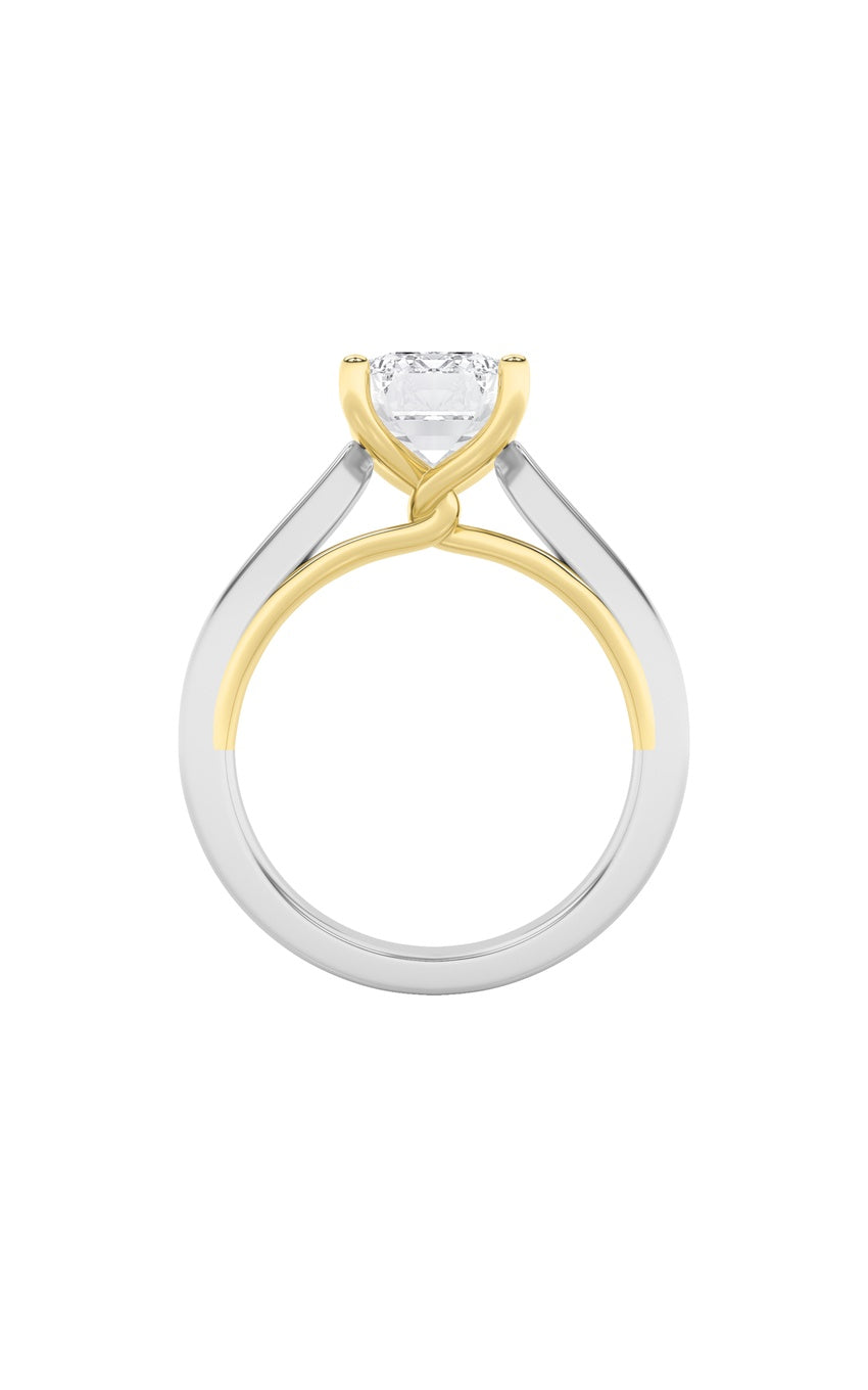 2Cttw Emerald Shaped Lab Grown Diamond (F/VS) TwoTone Twisted Basket Cathedral Shank Solitaire Ring in 14K Gold