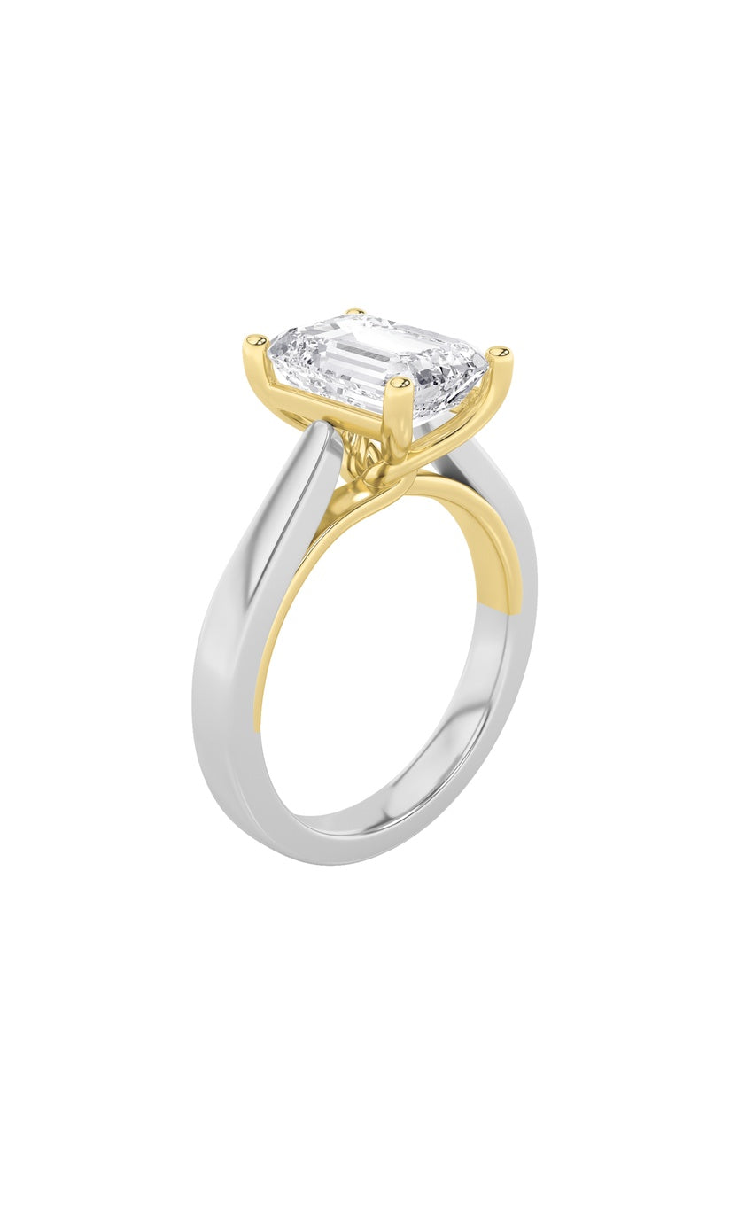 3Cttw Emerald Shaped Lab Grown Diamond (F/VS) TwoTone Twisted Basket Cathedral Shank Solitaire Ring in 14K Gold
