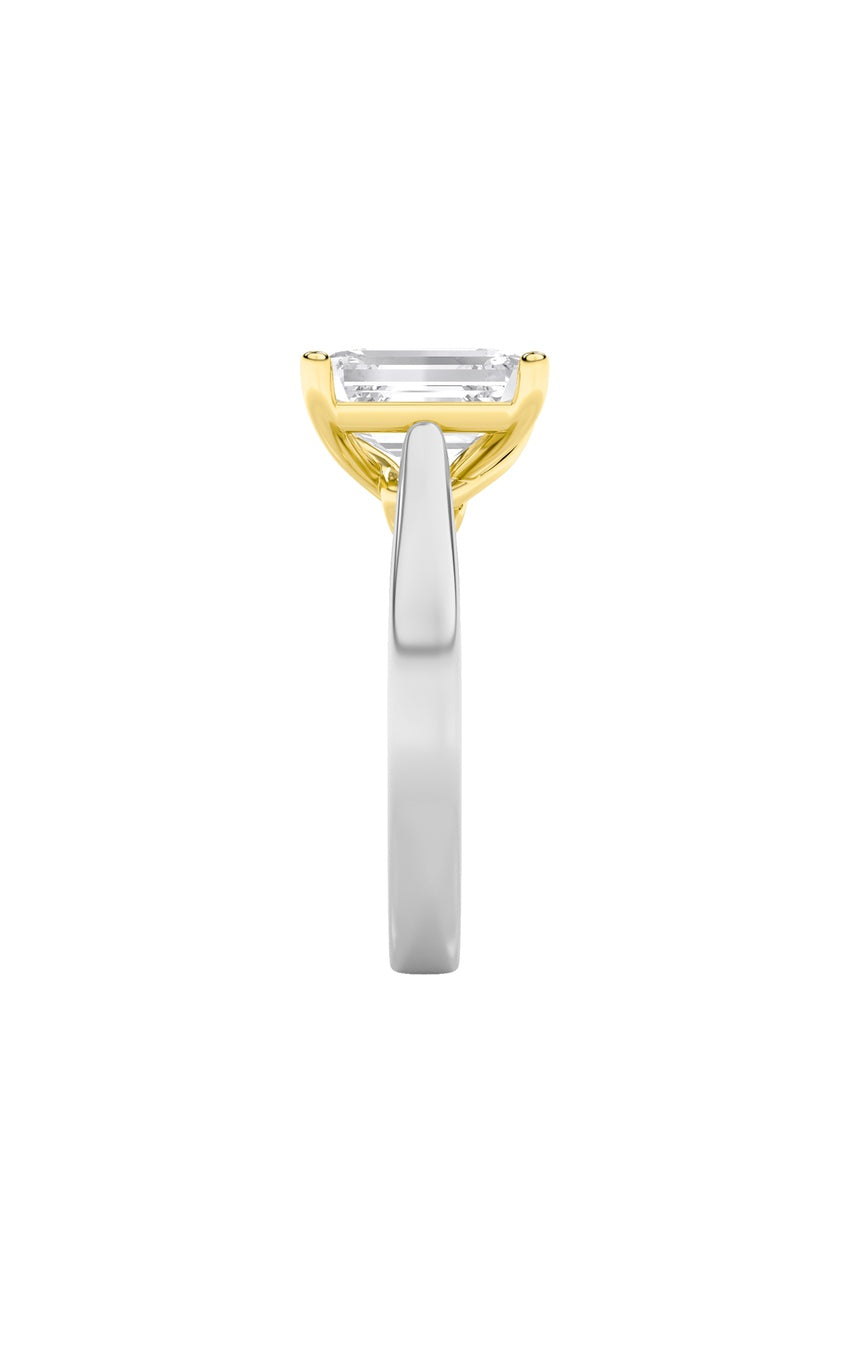 3Cttw Emerald Shaped Lab Grown Diamond (F/VS) TwoTone Twisted Basket Cathedral Shank Solitaire Ring in 14K Gold
