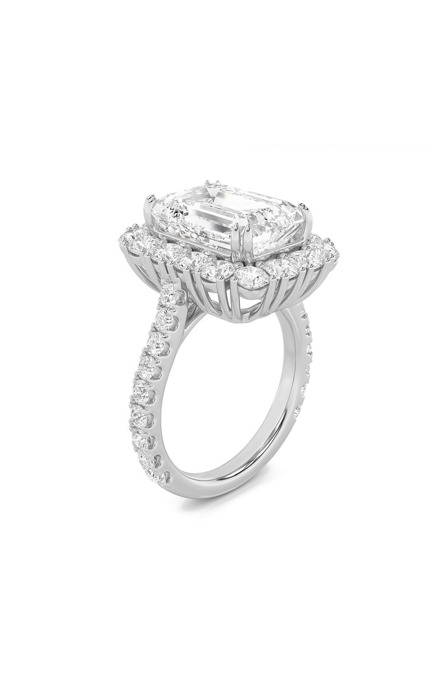 7.25Cttw Emerald Shaped Lab Grown Diamond (F/VS) Bold Statement Accented  Ring in 14K Gold