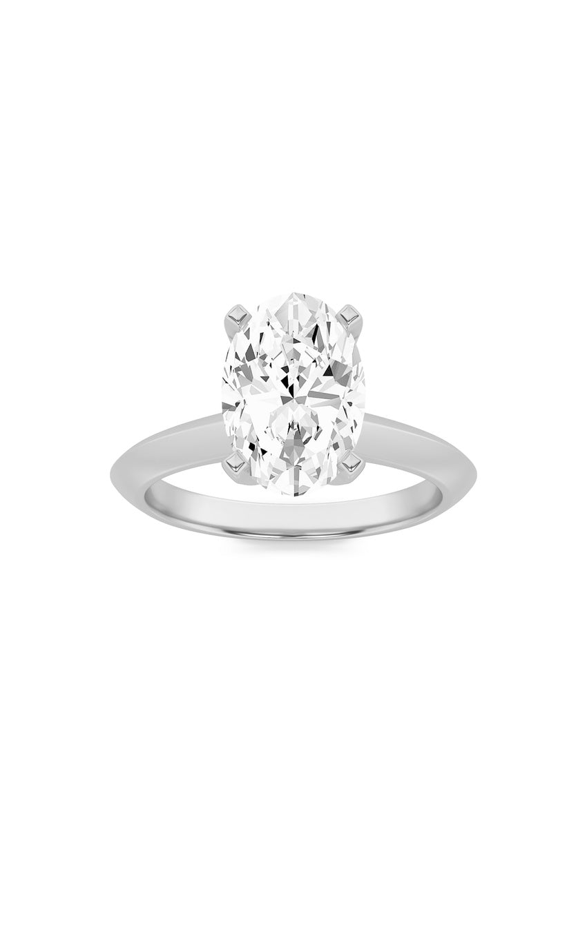 3Cttw Oval Shaped Lab Grown Diamond (F/VS) Knife Edge Shank Solitaire Engagement Ring in 14K Gold