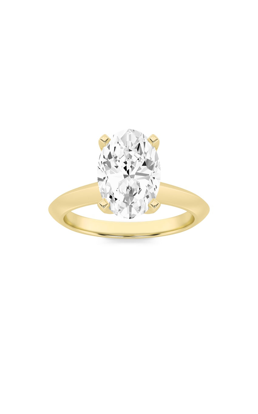 3Cttw Oval Shaped Lab Grown Diamond (F/VS) Knife Edge Shank Solitaire Engagement Ring in 14K Gold