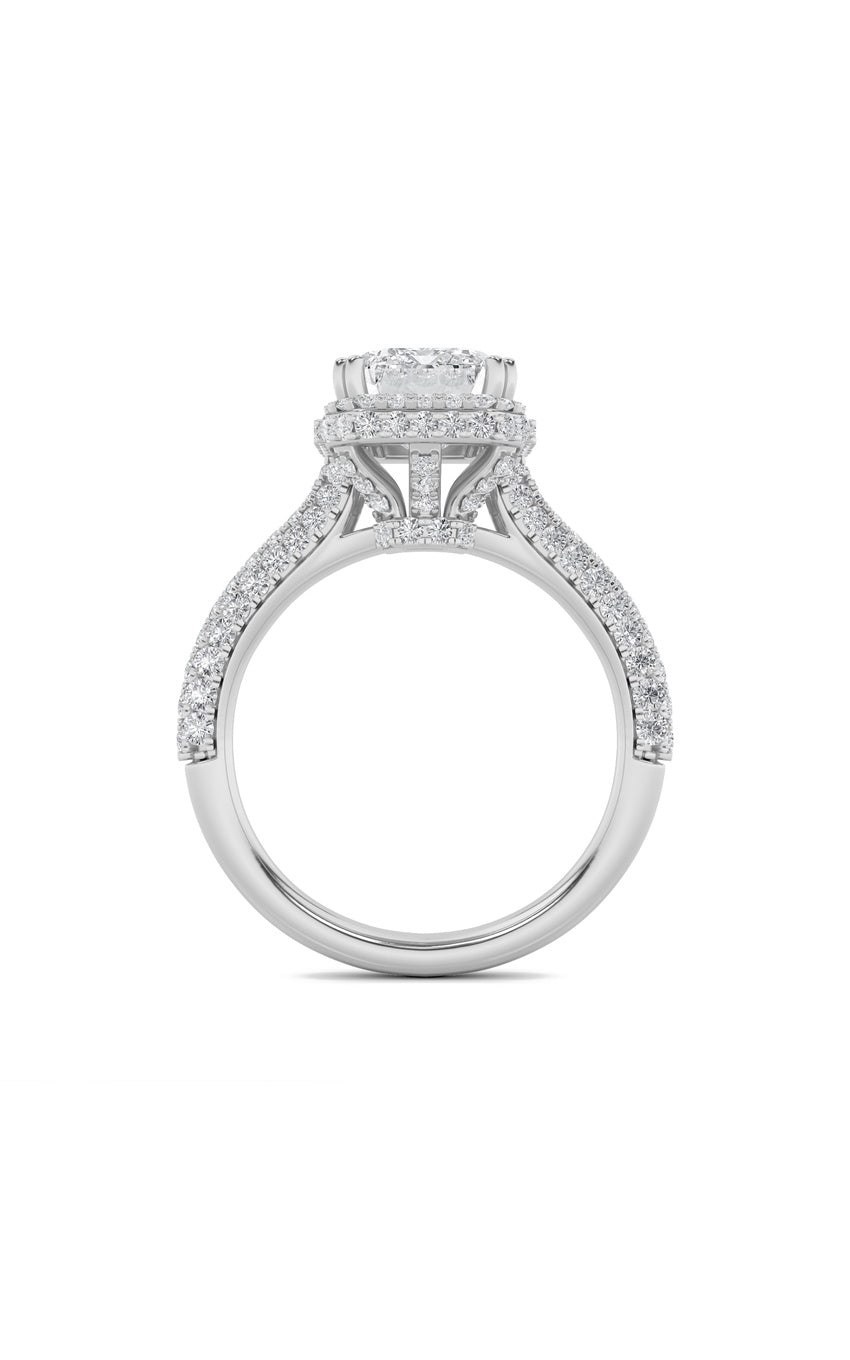 3Cttw Emerald Shaped Lab Grown Diamond (F/VS) Halo Accented Engagement Ring in 14K Gold