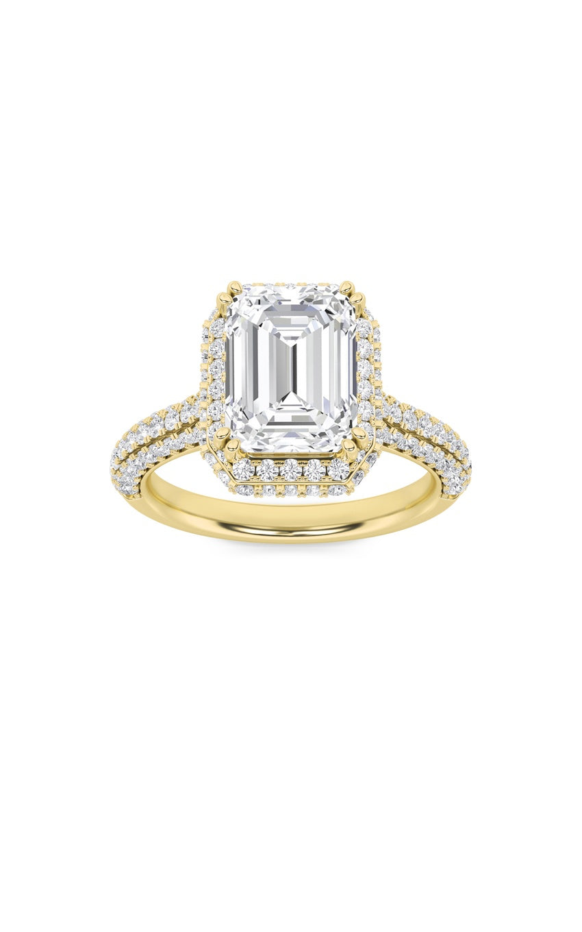 3Cttw Emerald Shaped Lab Grown Diamond (F/VS) Halo Accented Engagement Ring in 14K Gold