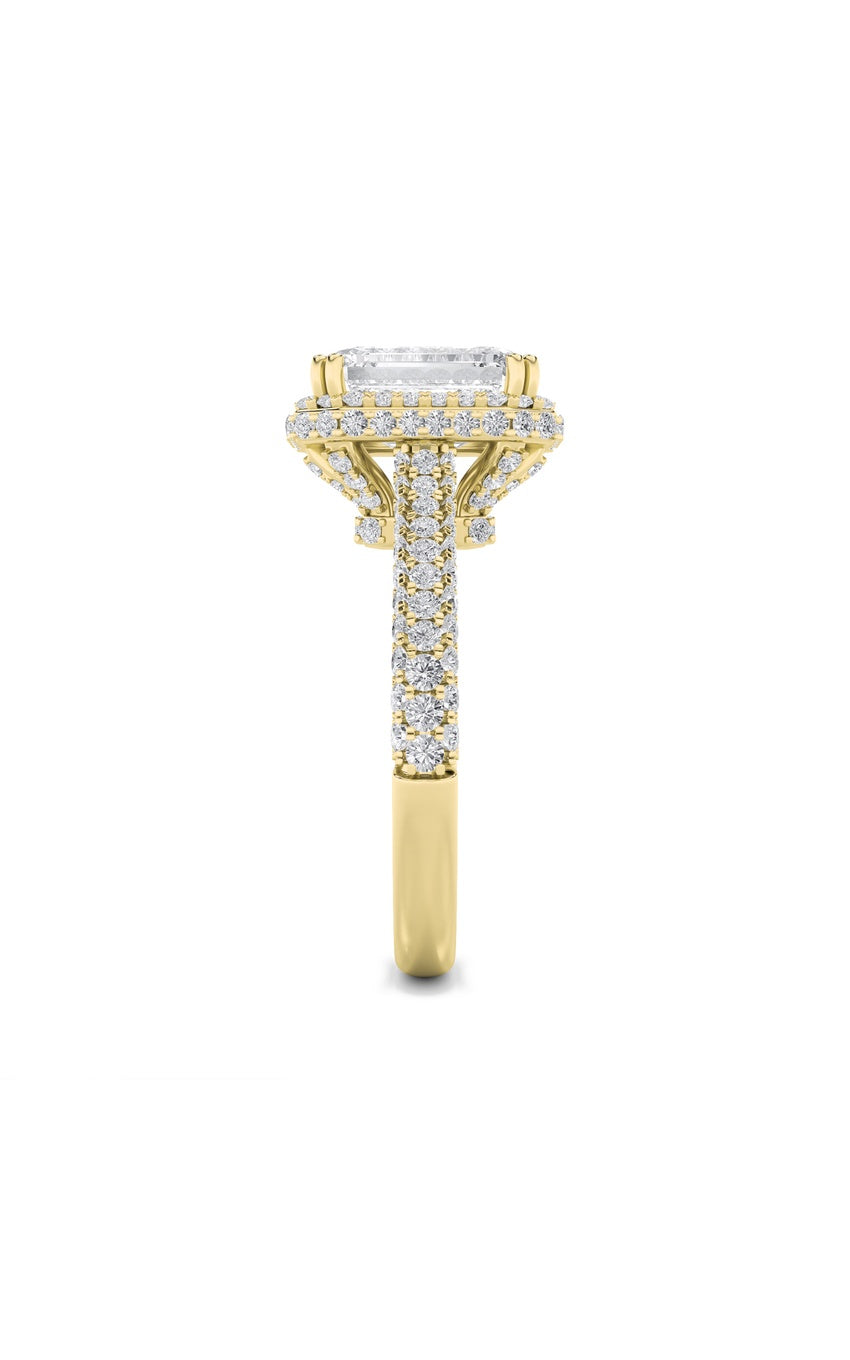 3Cttw Emerald Shaped Lab Grown Diamond (F/VS) Halo Accented Engagement Ring in 14K Gold