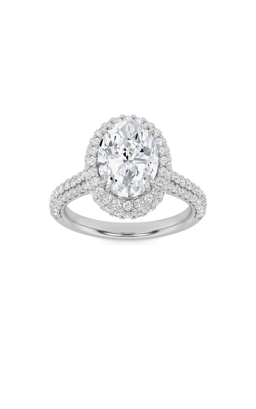 3Cttw Oval Shaped Lab Grown Diamond (F/VS) Halo Accented Engagement Ring in 14K Gold