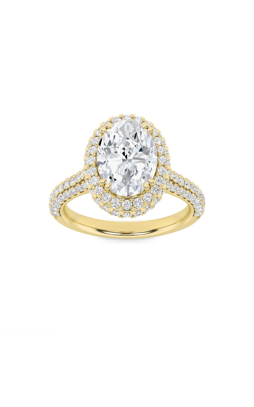 3Cttw Oval Shaped Lab Grown Diamond (F/VS) Halo Accented Engagement Ring in 14K Gold