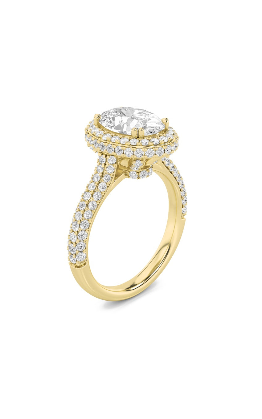 3Cttw Oval Shaped Lab Grown Diamond (F/VS) Halo Accented Engagement Ring in 14K Gold