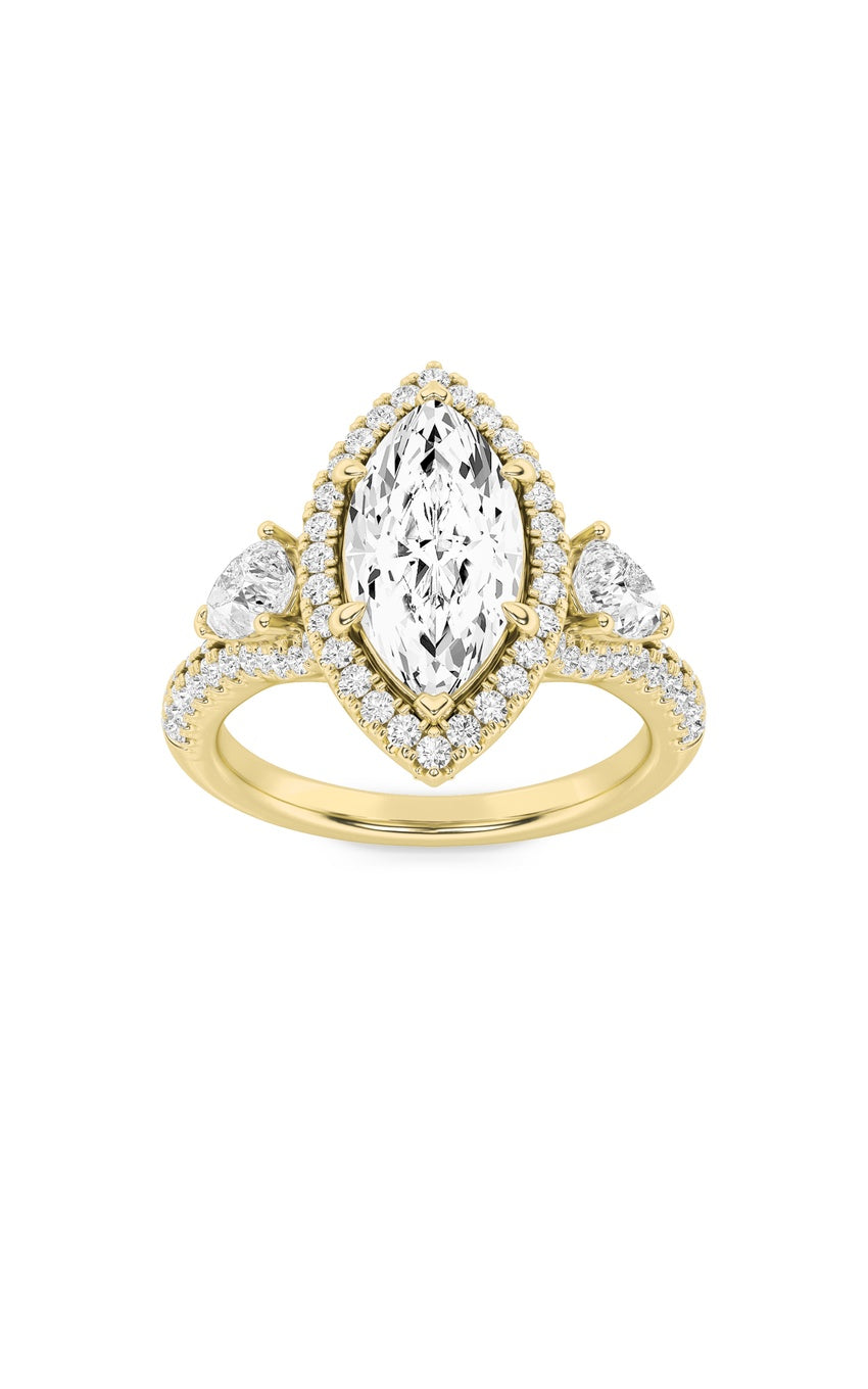 3Cttw Marquise Shaped Lab Grown Diamond (F/VS) Three Stone Bold Accented Engagement Ring in 14K Gold