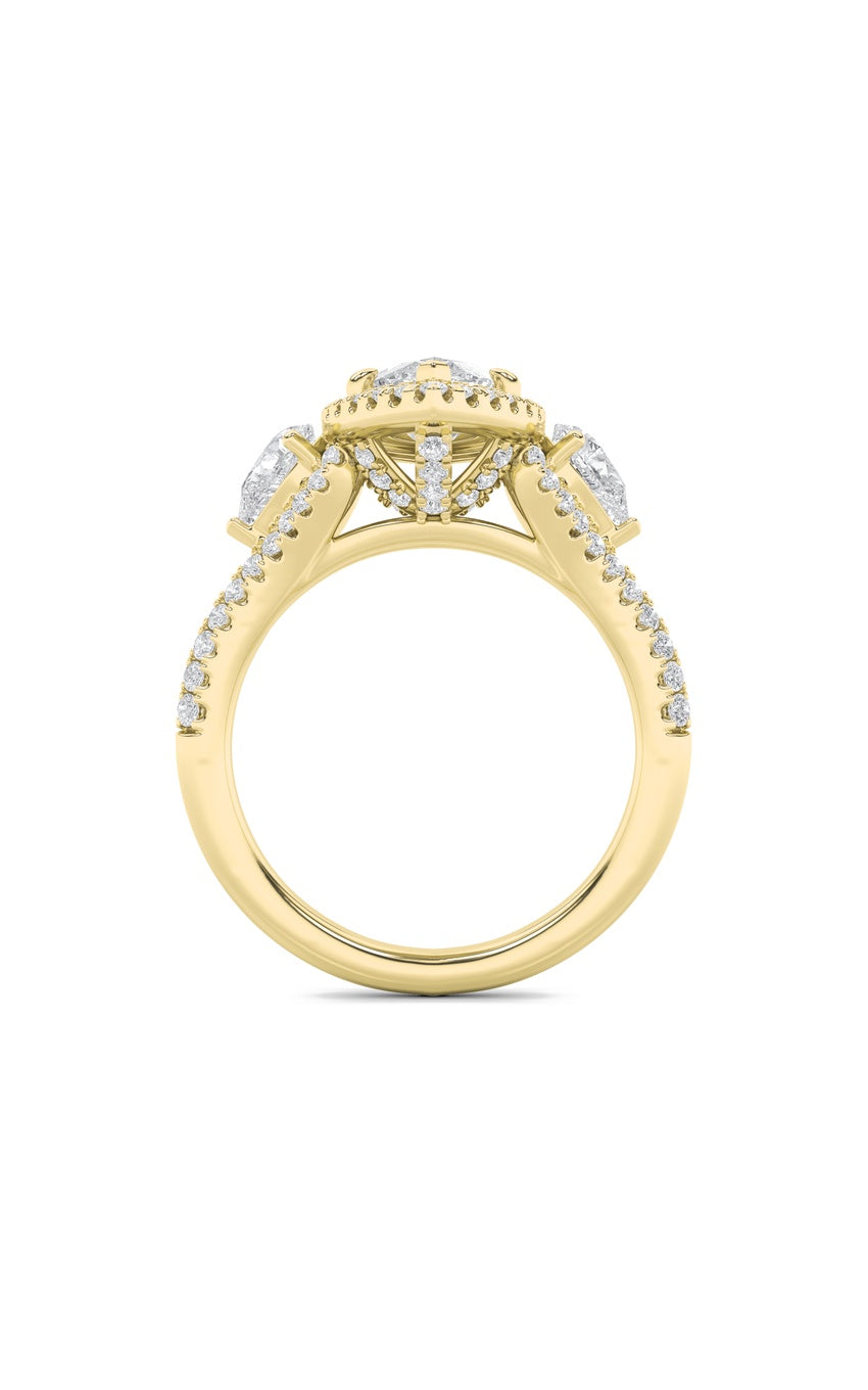 3Cttw Marquise Shaped Lab Grown Diamond (F/VS) Three Stone Bold Accented Engagement Ring in 14K Gold