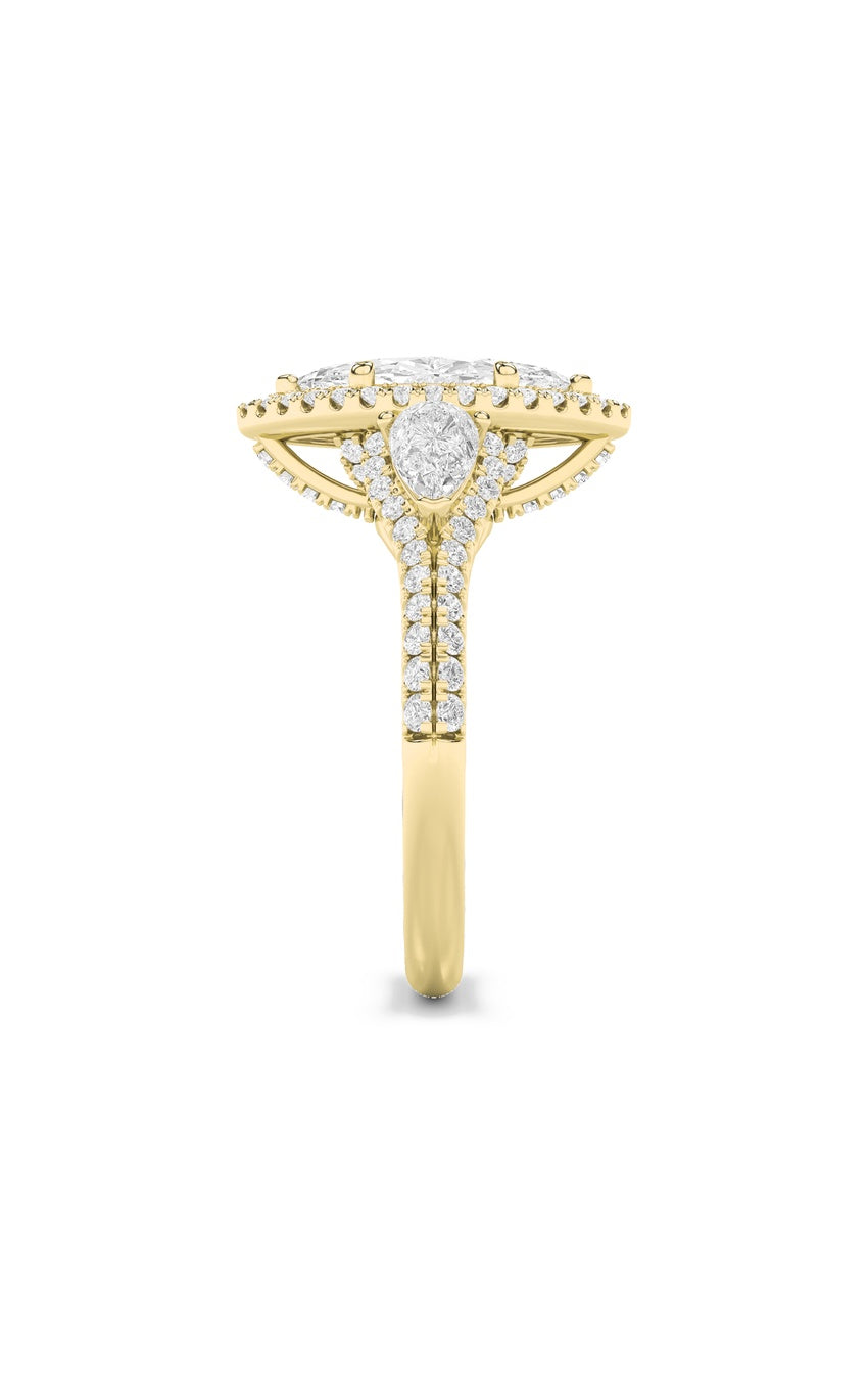 3Cttw Marquise Shaped Lab Grown Diamond (F/VS) Three Stone Bold Accented Engagement Ring in 14K Gold