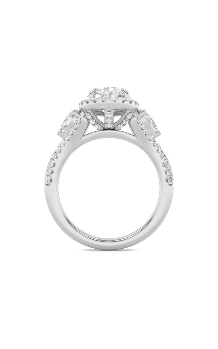 3Cttw Pear Shaped Lab Grown Diamond (F/VS) Three Stone Bold Accented Engagement Ring in 14K Gold
