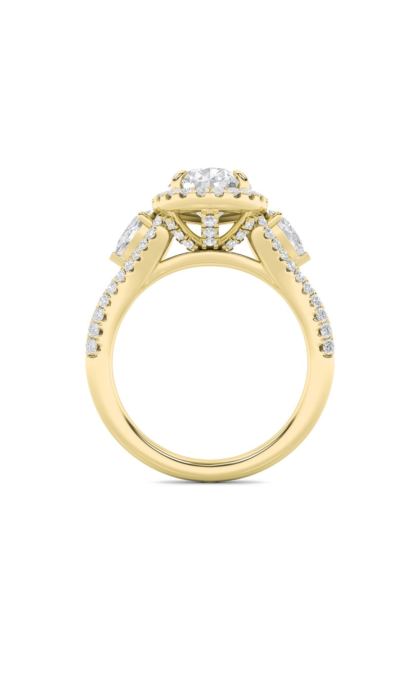 3Cttw Pear Shaped Lab Grown Diamond (F/VS) Three Stone Bold Accented Engagement Ring in 14K Gold