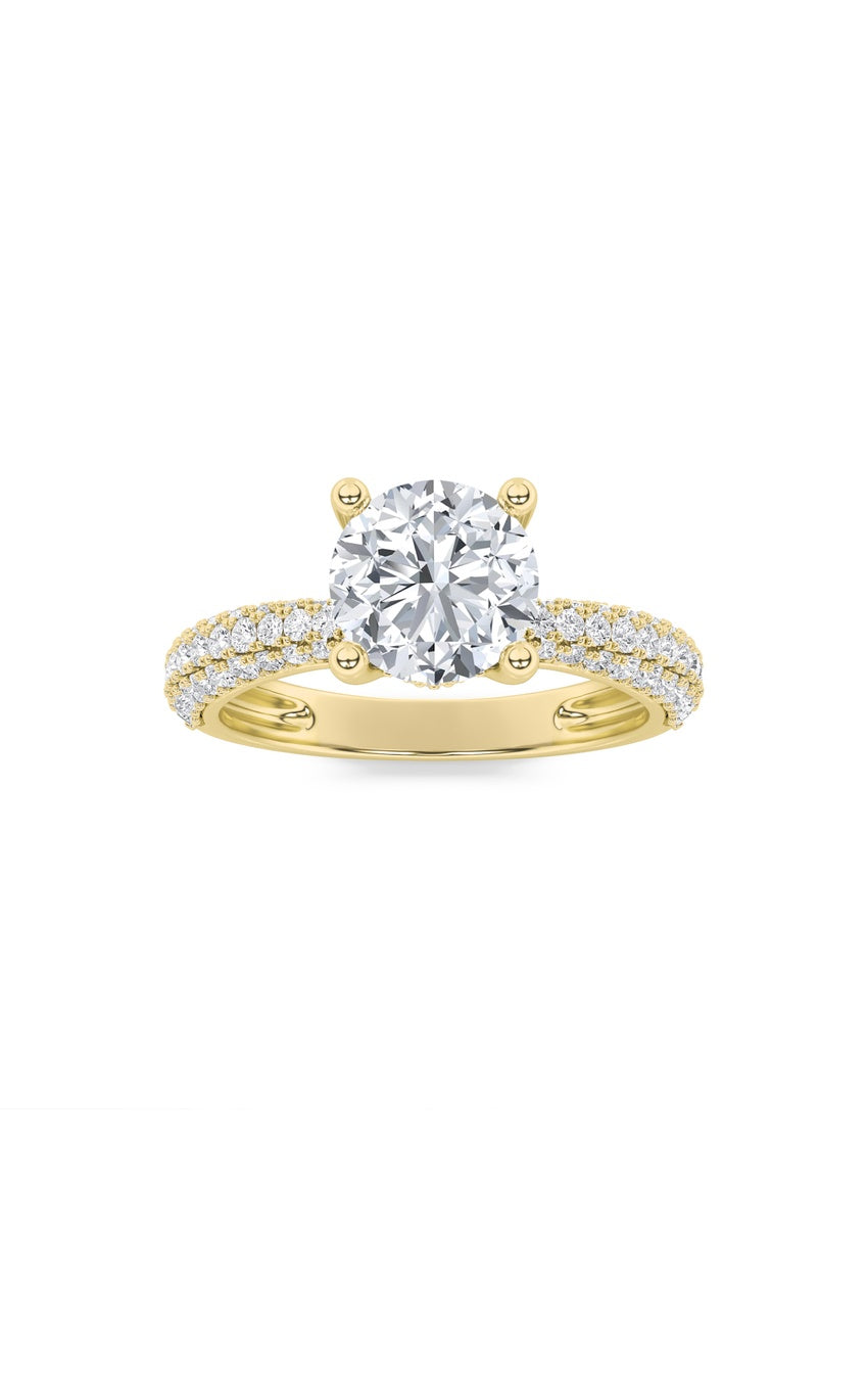 2Cttw Round Shaped Lab Grown Diamond (F/VS) ThreeRow Micro Pave Engagement Ring in 14K Gold