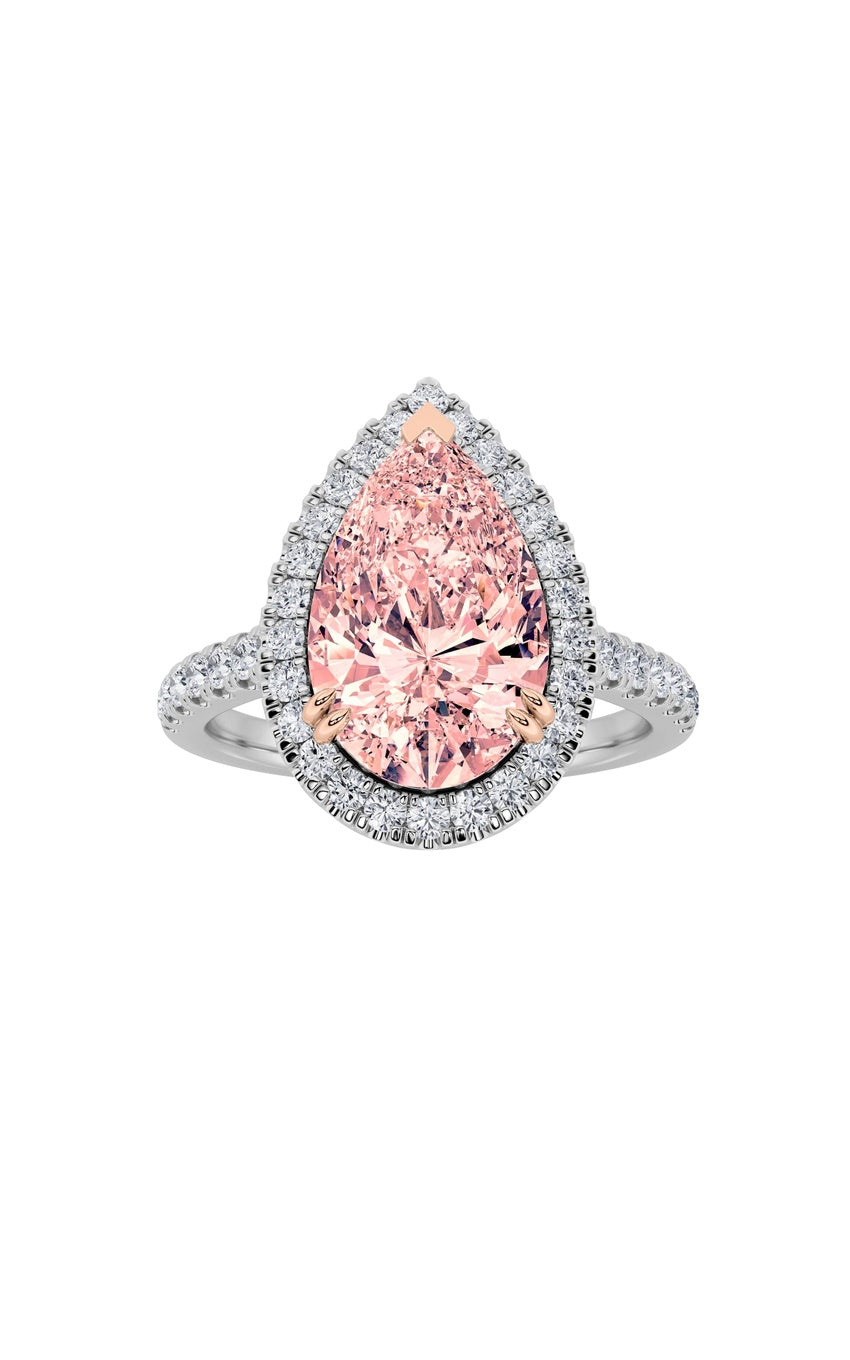 3Cttw Pear Shaped Lab Grown Diamond (F/VS) Bolld Accented Halo Engagement Ring in 14K Gold