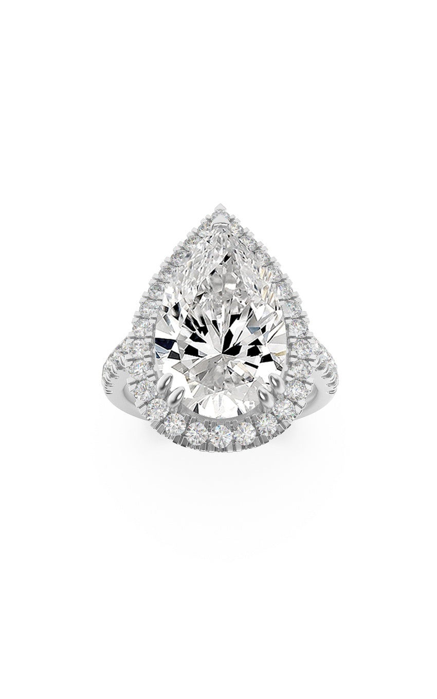 3Cttw Pear Shaped Lab Grown Diamond (F/VS) Bolld Accented Halo Engagement Ring in 14K Gold