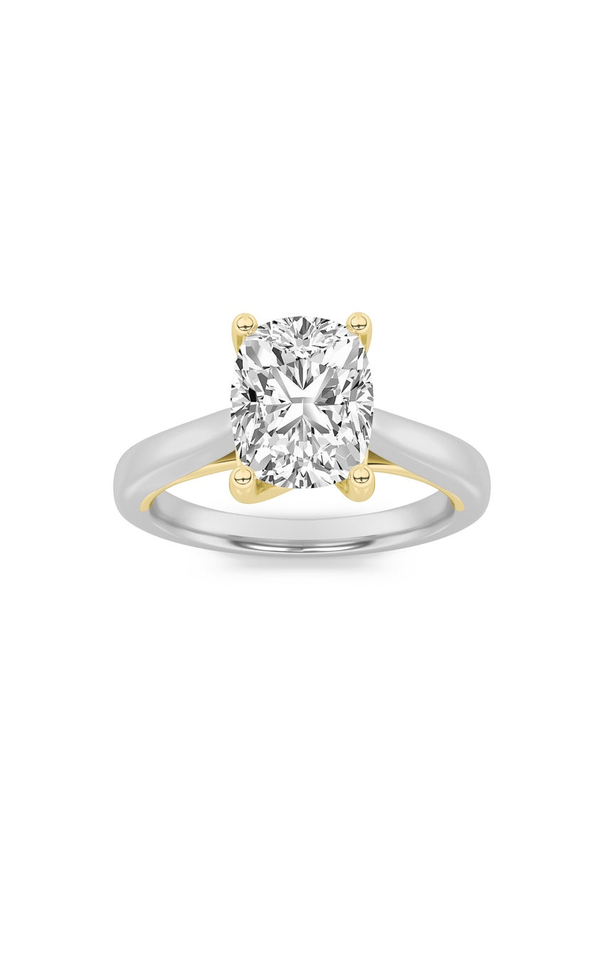 2Cttw Elongated Cushion Shaped Lab Grown Diamond (G/VS) Two Tone Cathedral Shank Engagement Ring in14K Gold