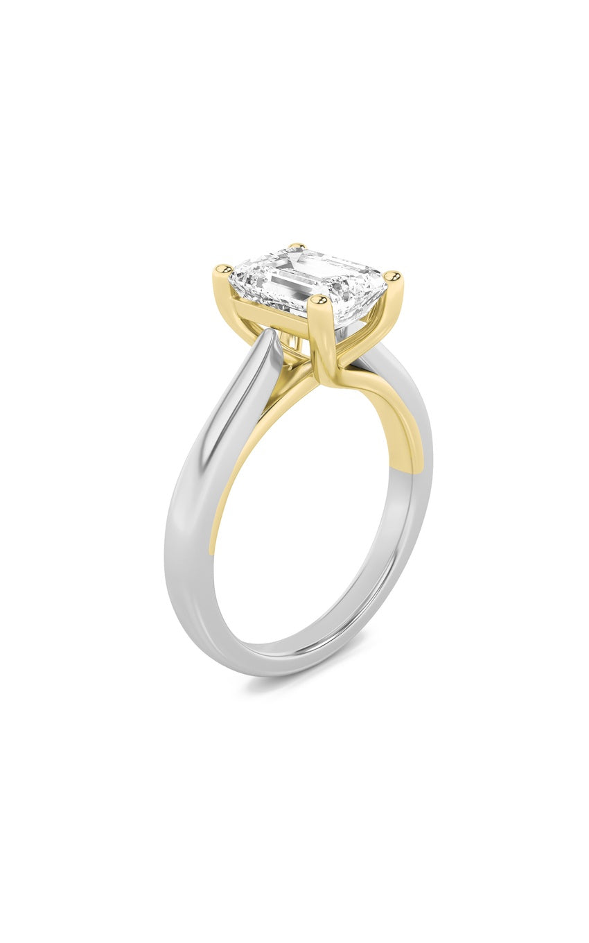3Cttw Emerald Shaped Lab Grown Diamond (F/VS) TwoTone Cathedral Shank Engagement Ring in 14K Gold